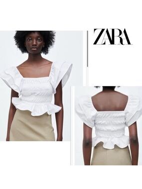 Zara White Ruffle frill sleeve smocked voluminous top Blouse Sz L NWOT bohemian